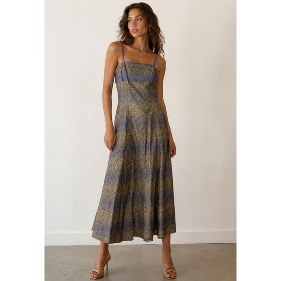 Peruvian Connection Dresses & Skirts - Peruvian Connection Womens 6 Pima Cotton Midi Dress Blue Gold Boho Sleeveless